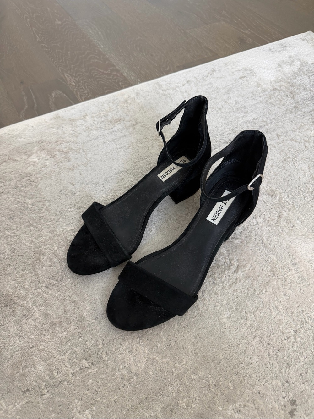 Steve Madden Black Suede Ankle Strap Block Heel Sandals